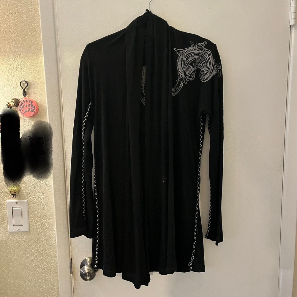Whimsigoth Cardigan Black White Stitching Paisley Embroidery Open Front Goth